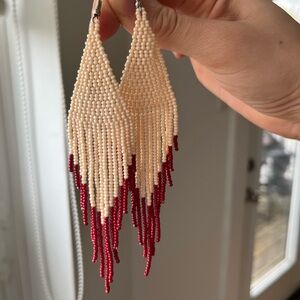 Elegant Cream and Red Handcrafted Beaded Earrings